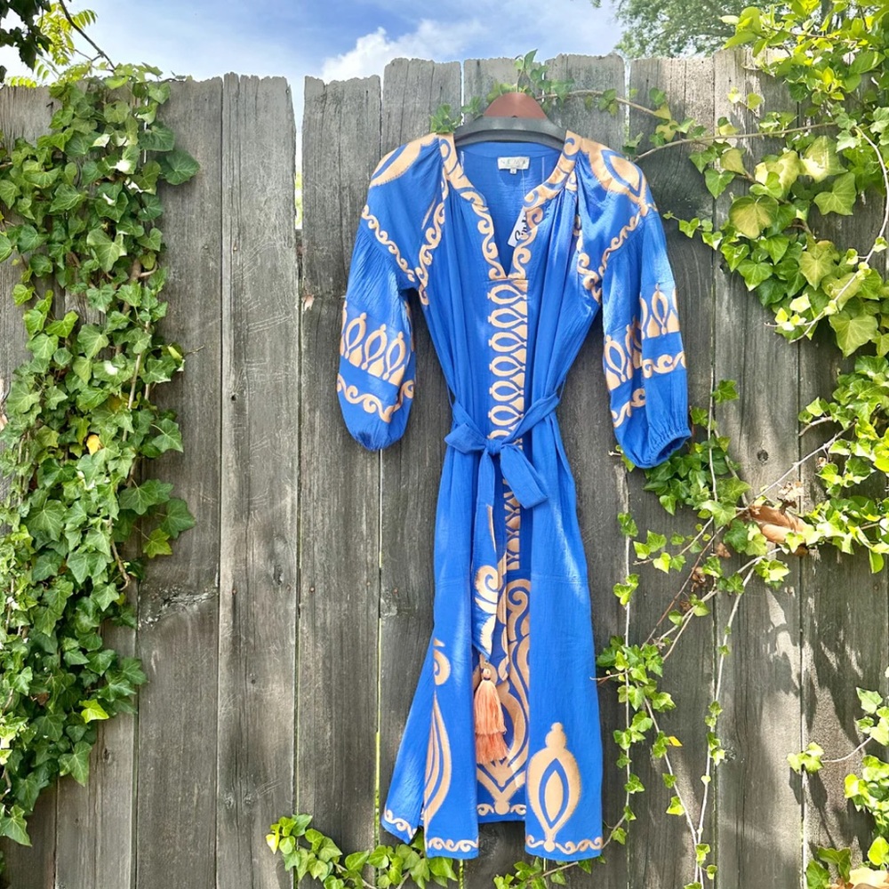 Never worn size small Anisa Embroidered Maxi Dress in blue/peach by Nema